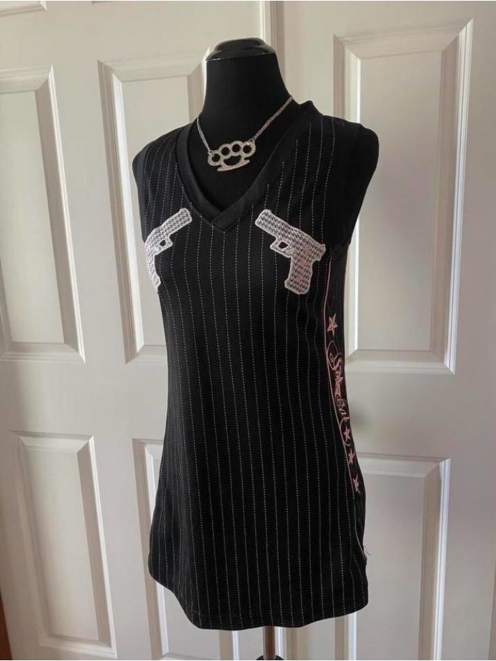 Y2k SoCal Black & Pink Pinstriped Jersey Dress with Glock Design
